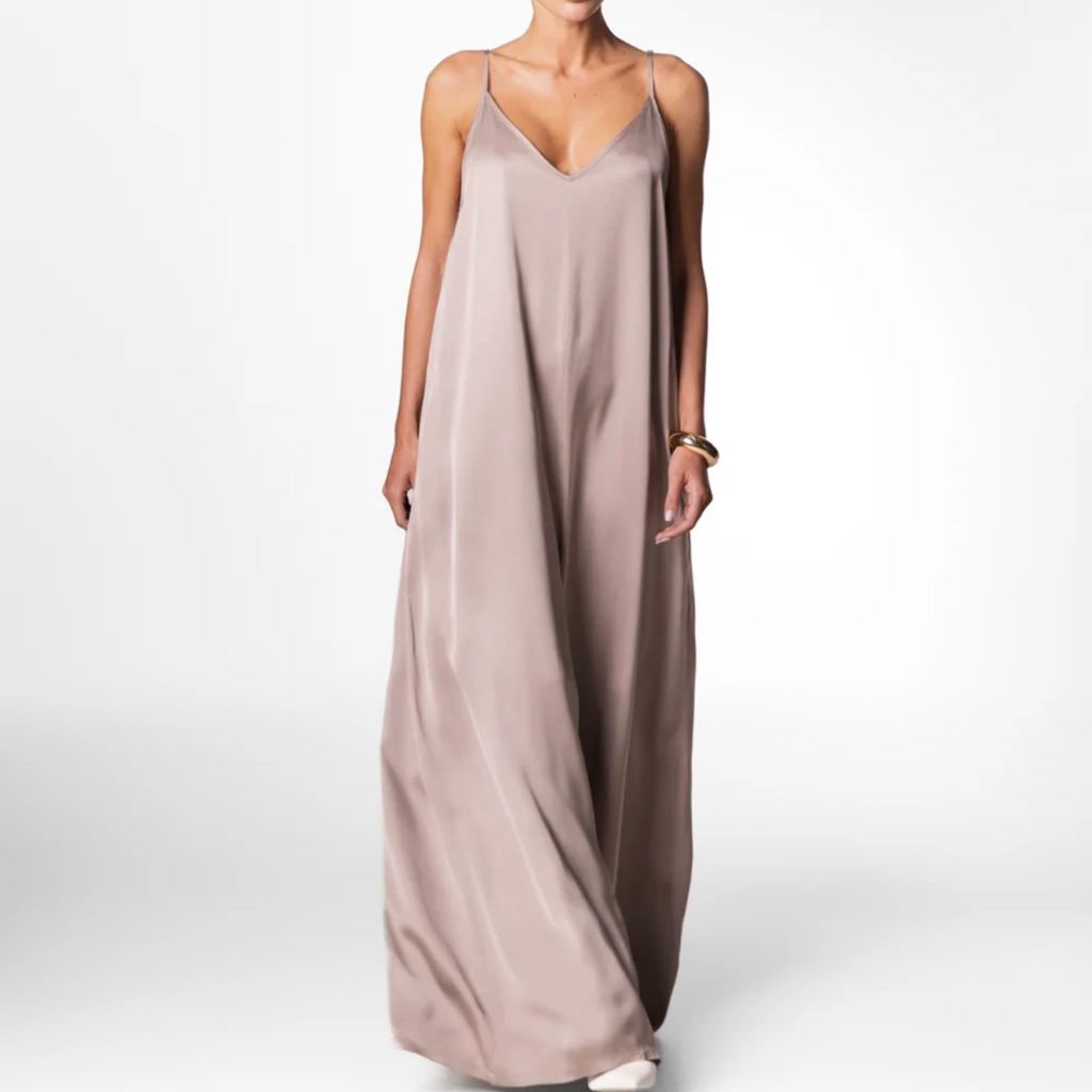 Silky Nude Maxi Slip Dress With Spaghetti Straps